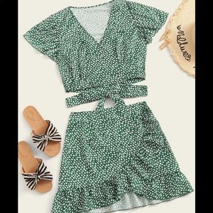 Green floral skirt and top set
